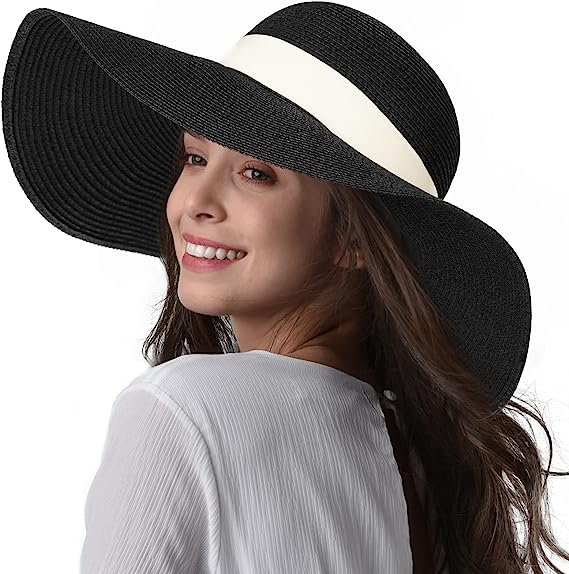 Womens Sun Straw Hat Wide Brim UPF 50 Summer Hat Foldable Roll up Floppy Beach Hats for Women