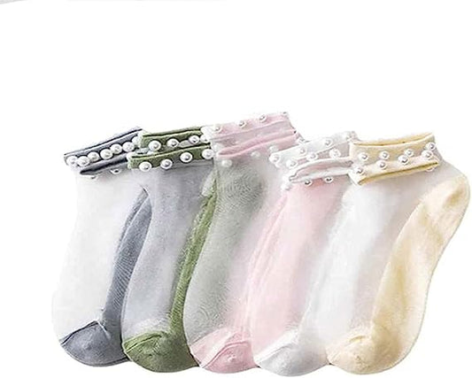 Crystal Tulle Pearl Summer Socks, Women Elastic Ultra Thin Silk Stockings Short