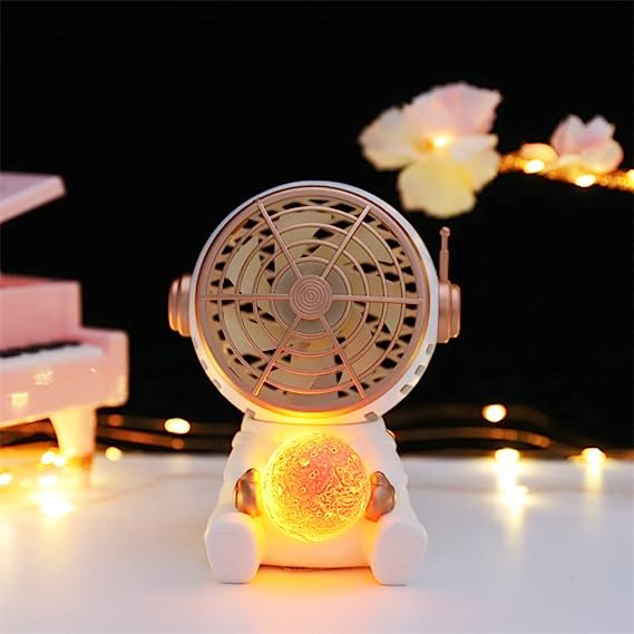 Mini Desk Fan with LED Lantern, Cartoon Astronaut Portable Personal Fan, Rechargeable & USB Powered Desk Fan, Quiet and Strong Wind, 3 Speeds, Small Personal Fan for Desktop Camping Travel