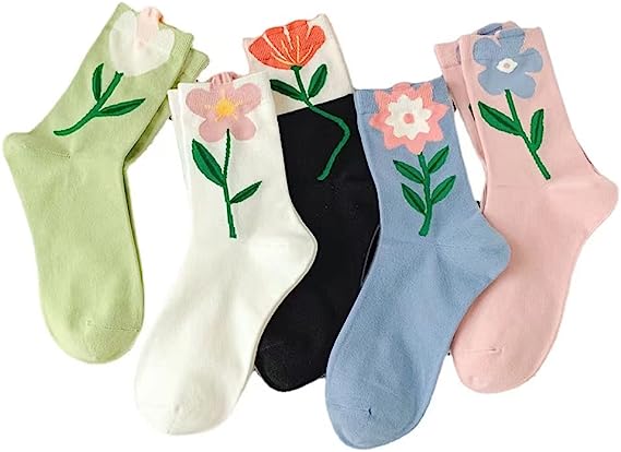 5 Pairs Ladies Floral Ankle Socks Kawaii Colorful Novelty Crew Socks Creative Colorful Socks Cotton Short Socks