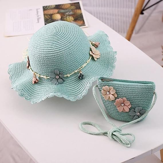 Sun Hats for Women,Beach Sun Hat,Straw Beach Hat,Summer Flower Breathable Hat Cute Straw Hat Children Handbag Kids Girls Sun Visor Hat(hat-White)