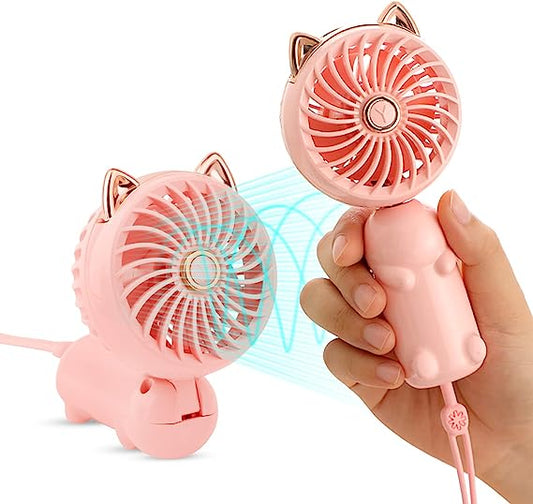 Handheld Lanyard Fan Portable, Mini Hand Held Fan with USB Rechargeable Battery, 3 Speed Strong Personal Table Fan , 8-12 Hours Small Makeup Fan for Girls Women Travel (Purple&Pink)