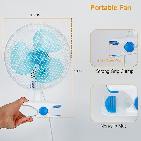 Oscillating Clip on Fan,8.6" Portable Quiet Fan w/2 Speed Fan w/Sturdy Clamp,Adjustable Tilt 90° Automatic Rotation Personal Desk Fan for Office Table Bedroom Kitchen w/ 3.94FT Cord-US Spot