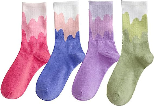 4 Pairs Womens Crew Socks Wave Striped Athletic Middle Tube Long Socks Cute Novelty Socks Small Gifts For Women