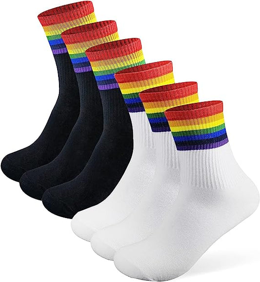 6 pairs High Ankle Cotton Crew Casual Stripes Socks,Black&White Striped,Rainbow Pride For Men&Women, Compression