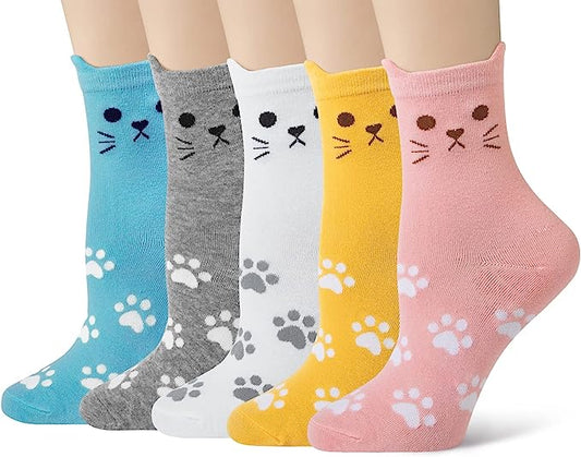 Cute Socks Womens Dog Cat Novelty Animal Socks for Girl Cartoon Cotton Casual Crew Funny Socks 5 Pairs